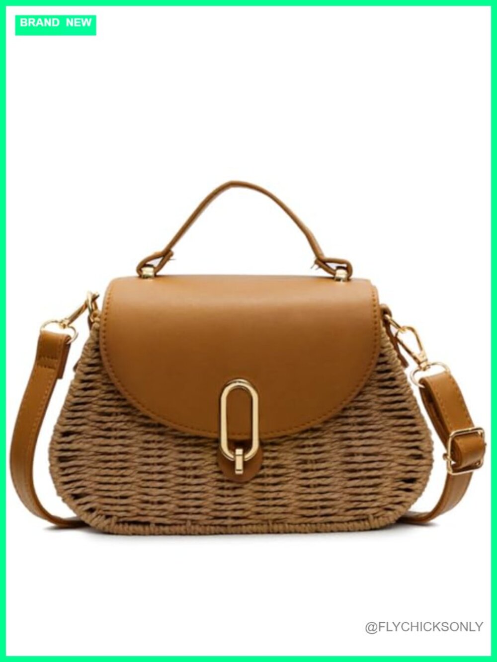 Small Natural Straw Woven Satchel Crossbody with Flap and Gold Buckle
